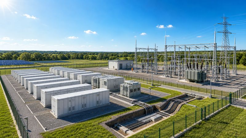 Rows of containerised battery storage systems with cable trenches and substation
