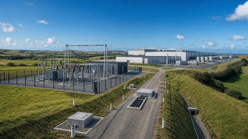 Substation with an open cable route leading to a data centre campus