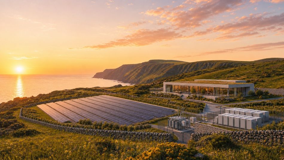 Coastal island campus at sunset with a green-roofed glass building, solar field, battery storage and substation above the sea
