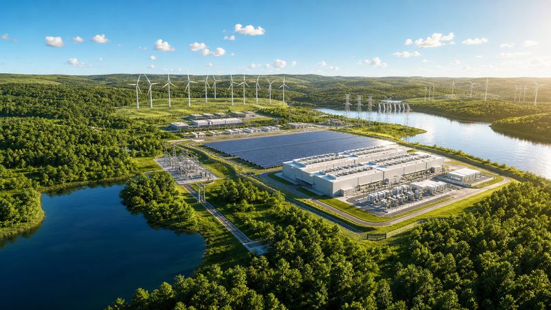 Aerial view of a hybrid energy landscape with wind farm, solar field, data centre and grid infrastructure