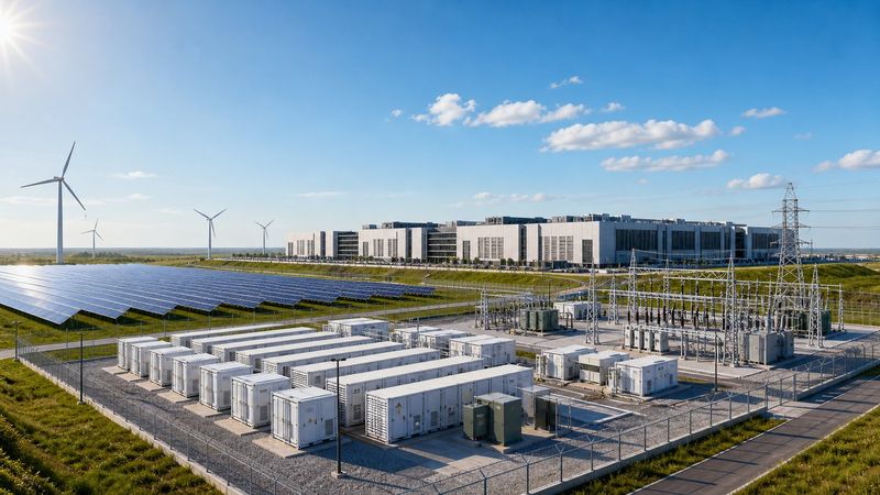 Data centre campus with solar field, wind turbines, battery storage and substation