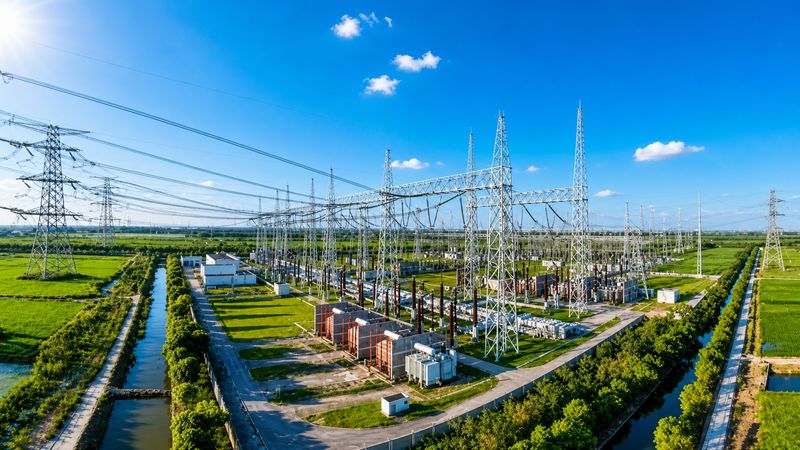 High-voltage substation feeding the transmission grid